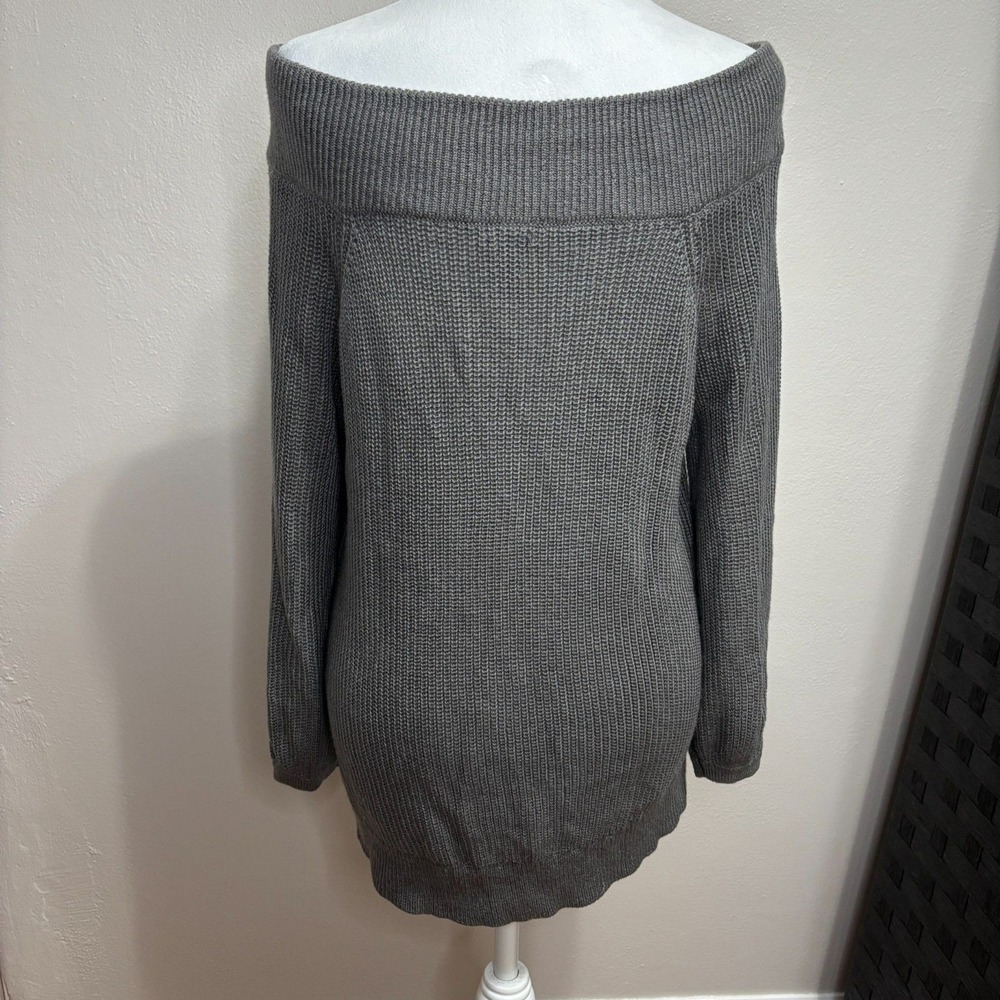 NY & Co Soho Jeans Sweater Gray Off Shoulder Cable Knit Boho Minimalist Casual M - Picture 4 of 10
